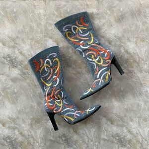 Vintage 90s Y2K Colorful Embroidered & Beaded Dopamine Dressing Denim Boots
